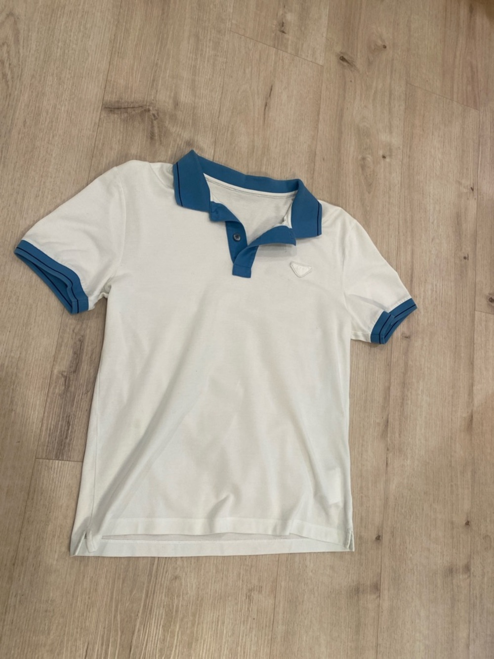Auth Prada Logo White Cotton Polo Shirt with Blue Trim Small
